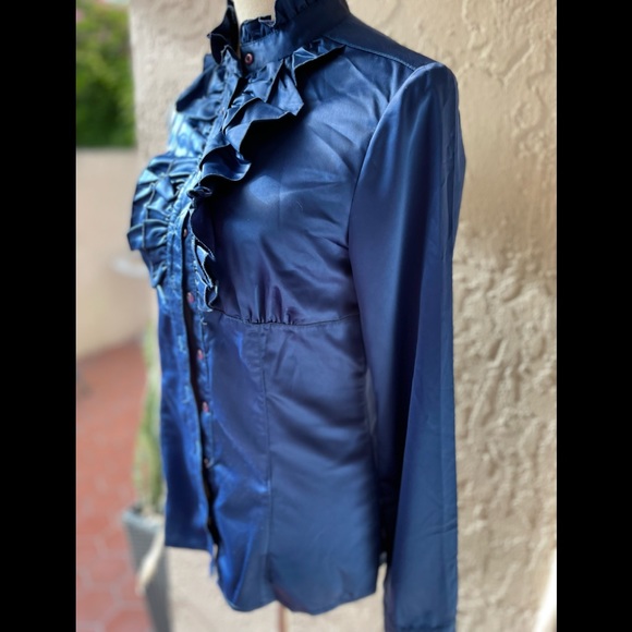 WOMAN BLUE BLOUSE LONG SLEEVES RUFFLED NECKLINE HIGH NECK BUTTONS SIZE M - Picture 5 of 16